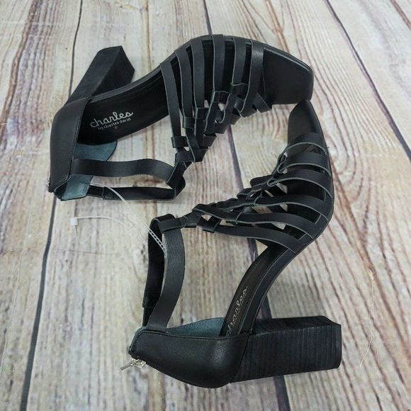Charles by Charles David 10M Black Leather Caged Black Heel Open Toe Sandals - Picture 5 of 9
